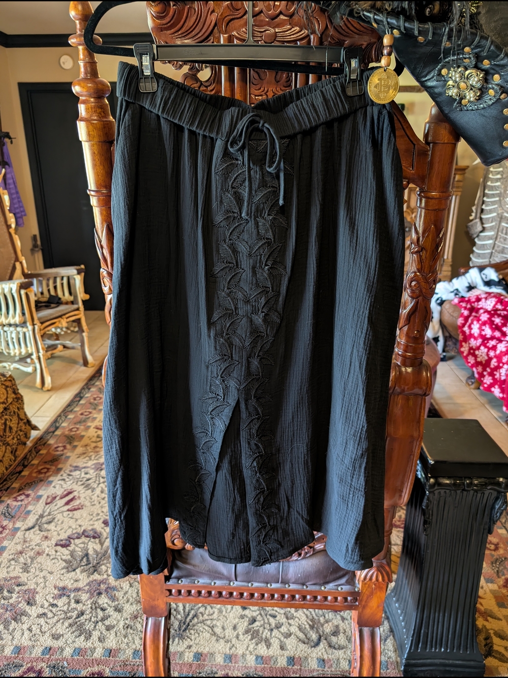 Disturbia Black Embroidered Drawstring Midi Skirt - Gothic Boho